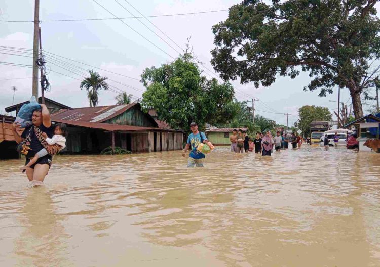 Hari Kedua, Banjir Semakin Dalam di Desa Pematang Tengah Tanjung Pura, Akses Internet Terputus